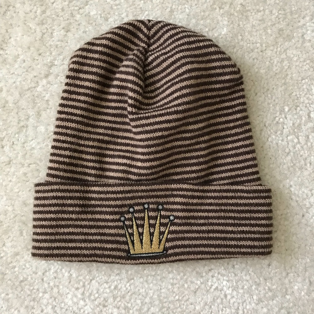 Brown Striped Beanie with Embroidered Crown